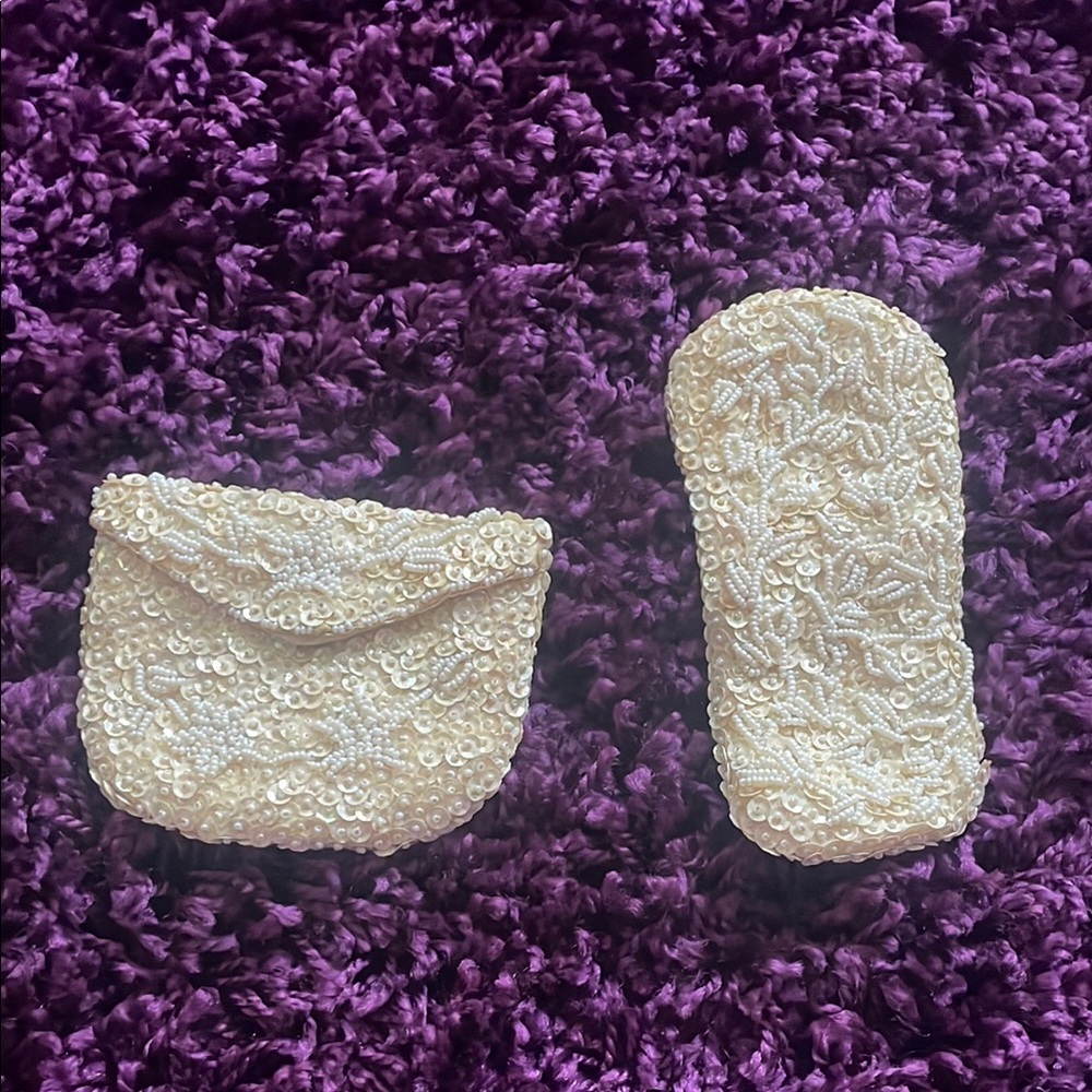 Elegant Cream Beaded Change Purse and Glasses Case Set